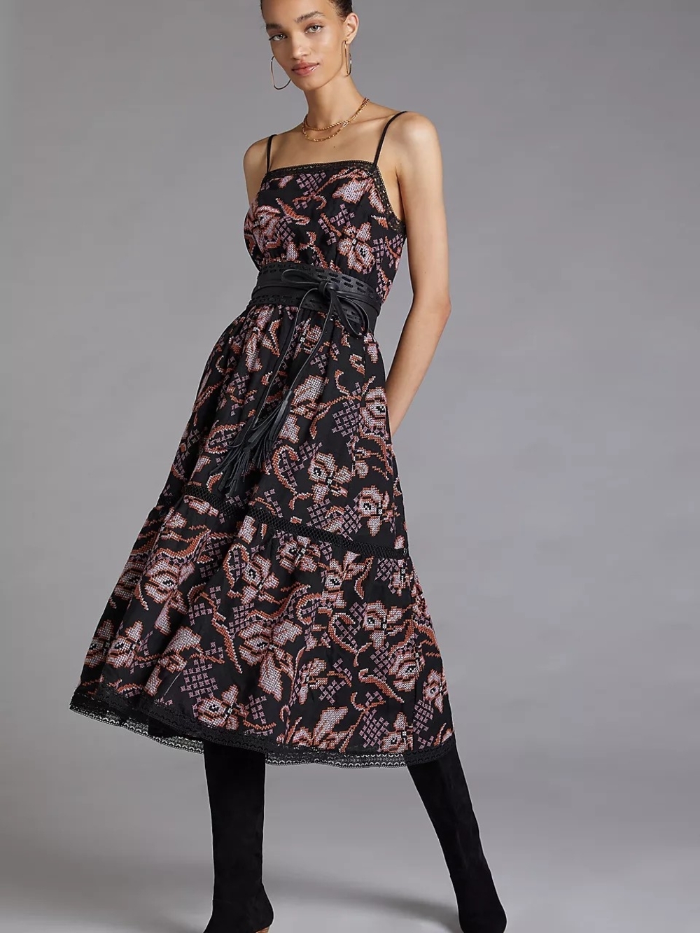 Anthropologie Embroidered Black Midi Dress with Pink Floral Jacquard